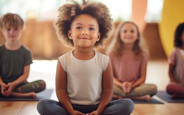 Grupo de niños pequeños en una práctica de relajación